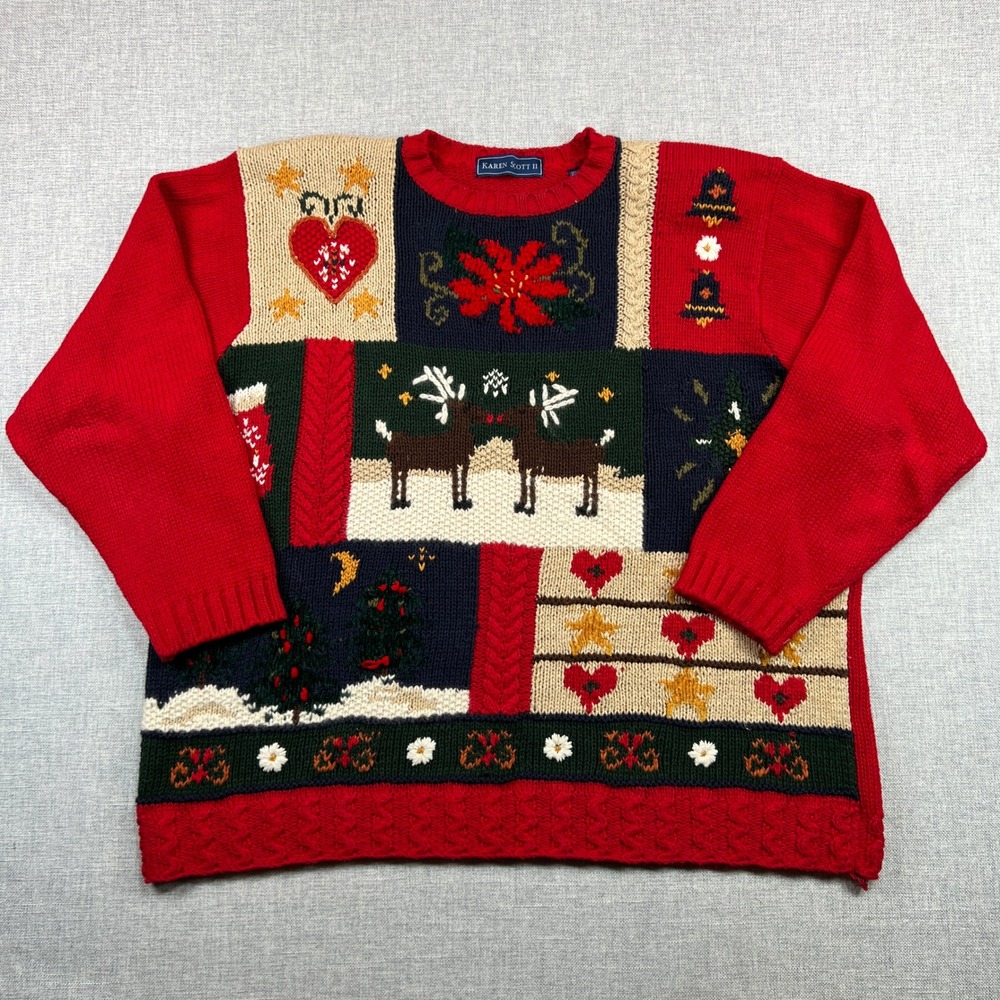 Karen Scott II Christmas Sweater Women 3X Patchwork Reindeer Holiday Knit Chunky